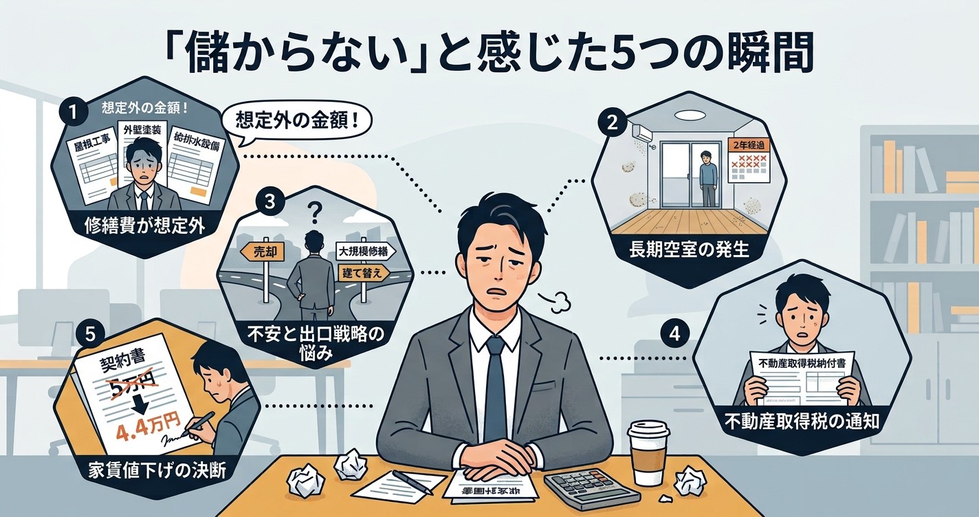 修繕費が想定外・長期空室・不安と出口戦略・不動産取得税・家賃値下げという「儲からない」と感じた5つの瞬間をまとめた図