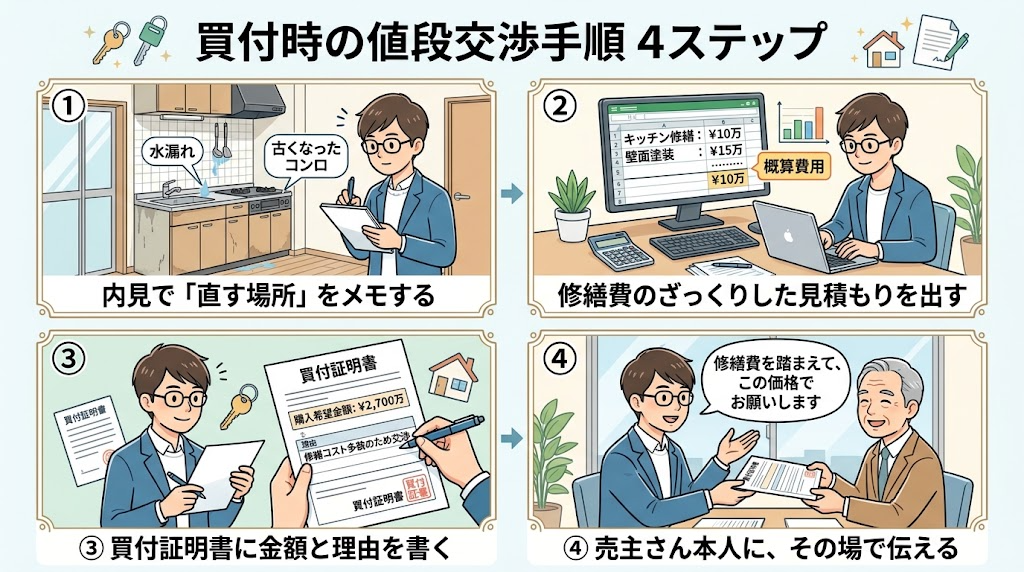 ボロ戸建ての値段交渉の手順4ステップ(内見でメモ・修繕費の見積もり・買付証明書・売主さんに伝える)