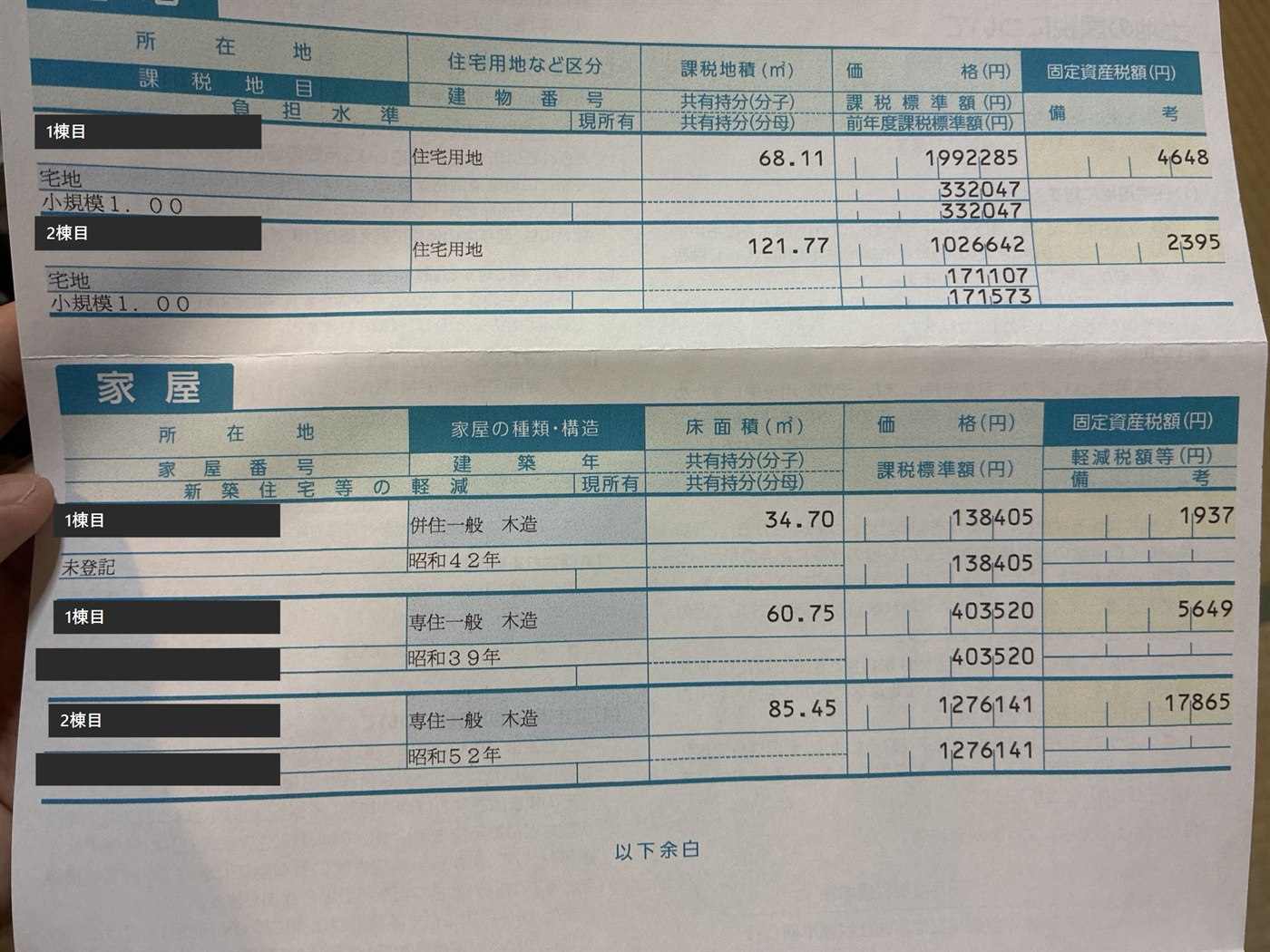 1棟目と2棟目の固定資産税の課税明細書。土地と家屋それぞれの評価額と税額